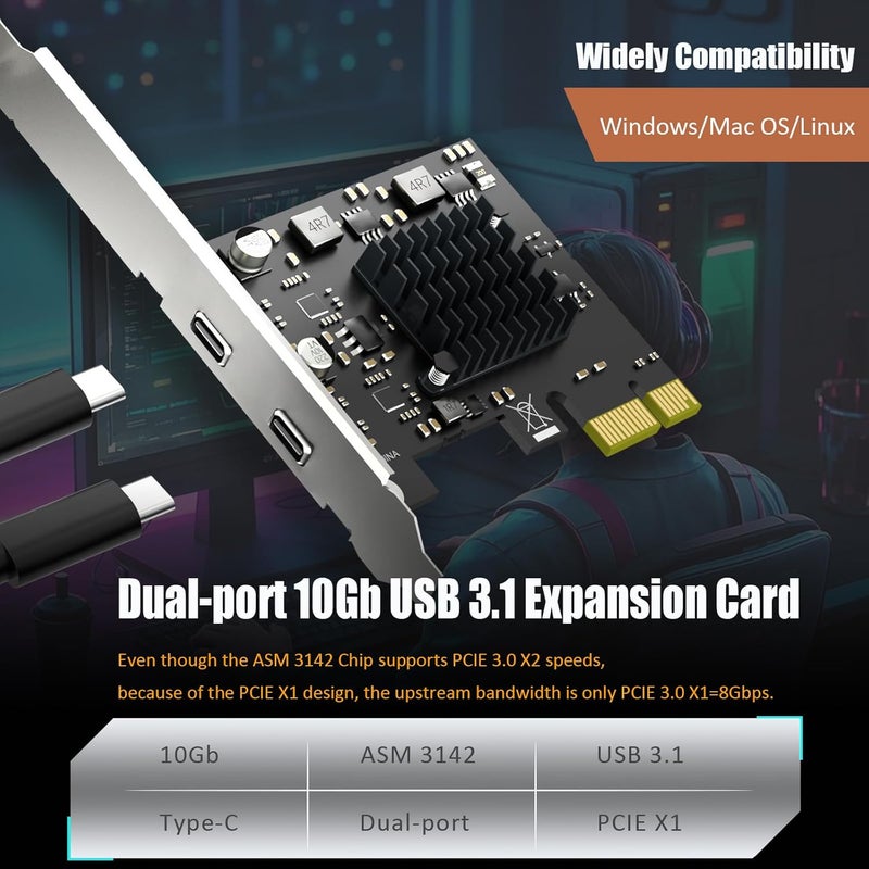 GLOTRENDS بطاقة توسيع U3142CX1 2-Port 10Gb USB 3.1 Gen2 Type-C إلى PCIE X1 مع شريحة ASM 3142، حامل عادي ومنخفض الملف - Image 3